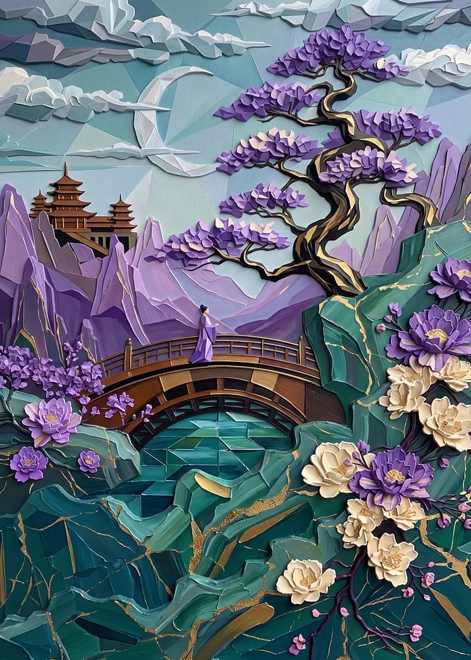 Ethereal Asian Landscape with Bridge