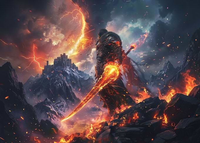 Warrior with Flaming Sword in Mountains