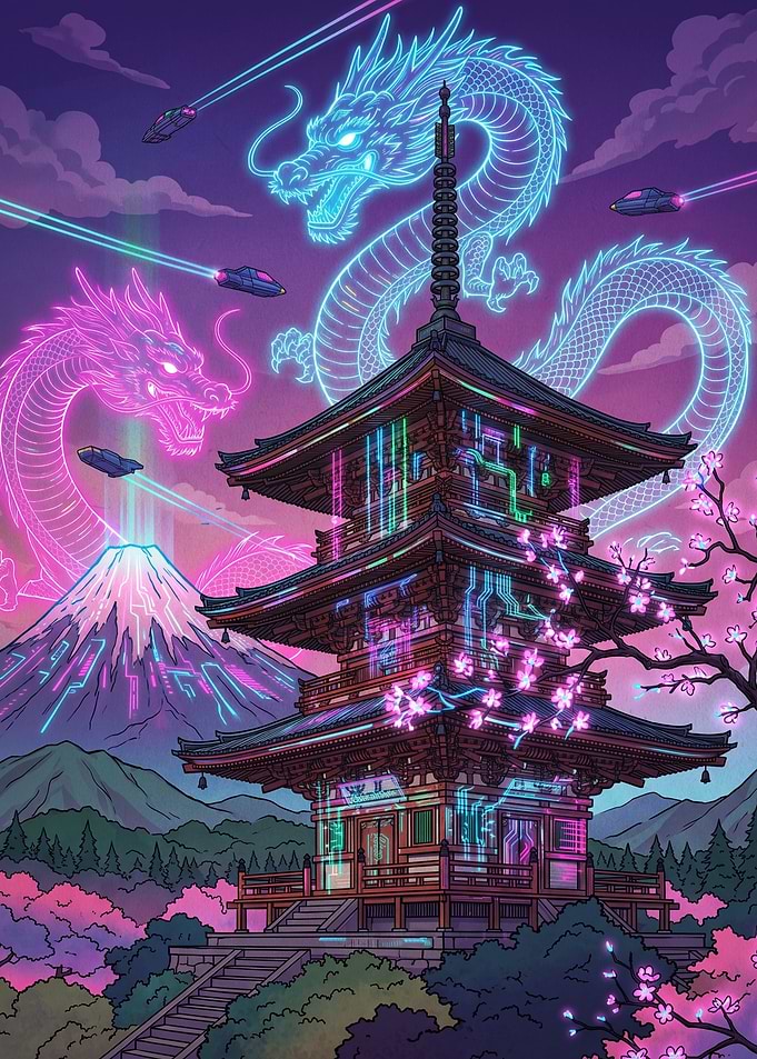Cyberpunk Japanese Pagoda with Neon Dragons