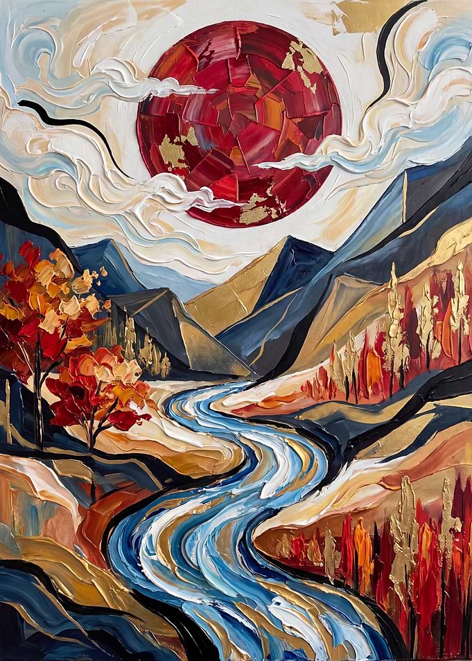 Abstract Red Sun Mountain Landscape