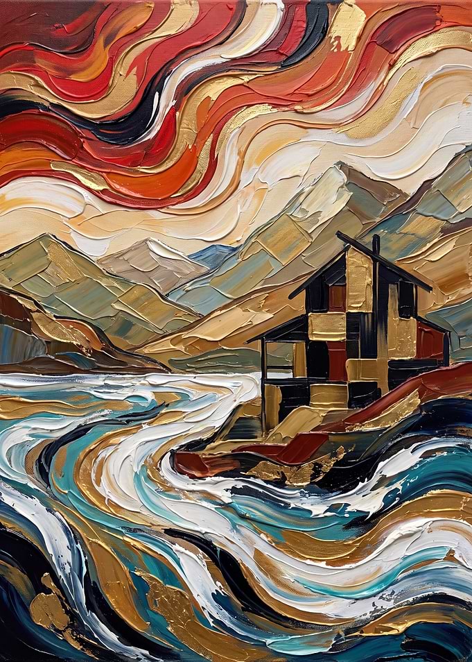 Abstract Impasto Cabin by the Water
