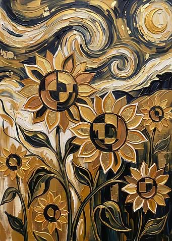 Abstract Sunflower Painting with Gold Accents