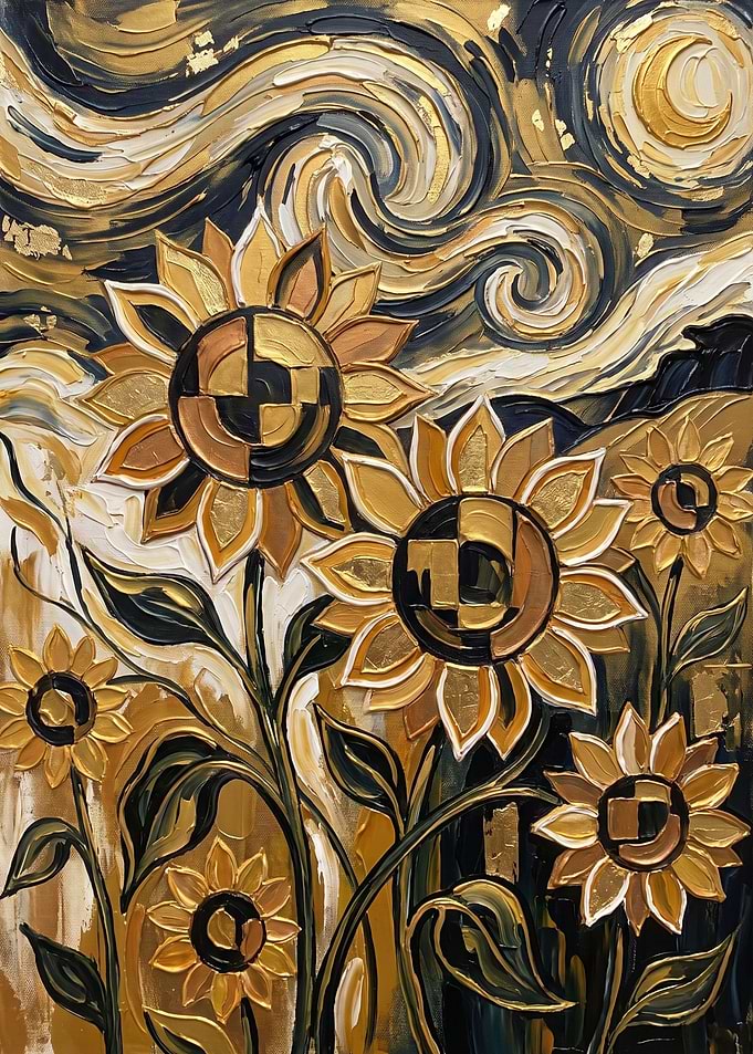 Abstract Sunflower Painting with Gold Accents