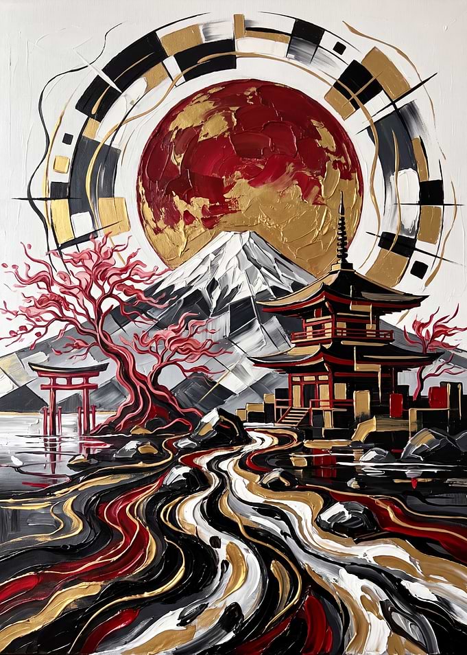 Abstract Japanese Landscape with Pagoda