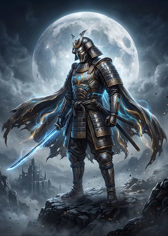 Cybernetic Samurai Under Full Moon