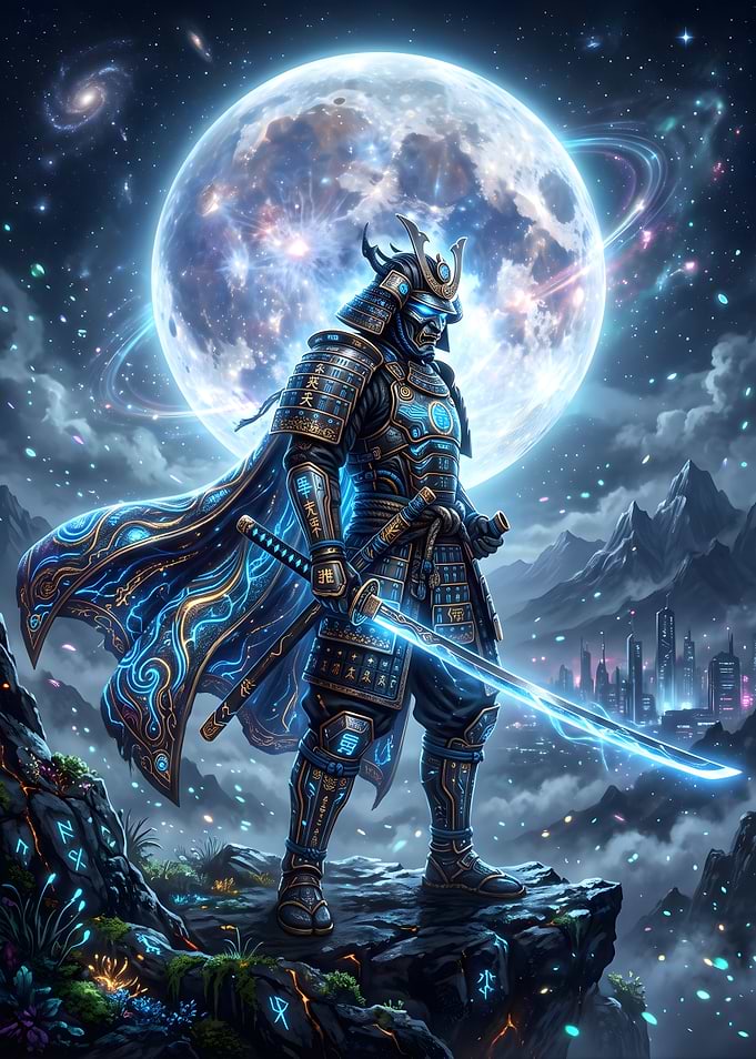 Cosmic Samurai Warrior Under Moon