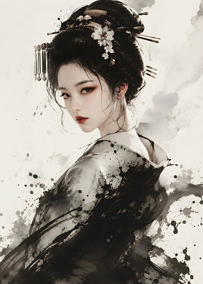 Elegant Geisha Ink Wash Portrait