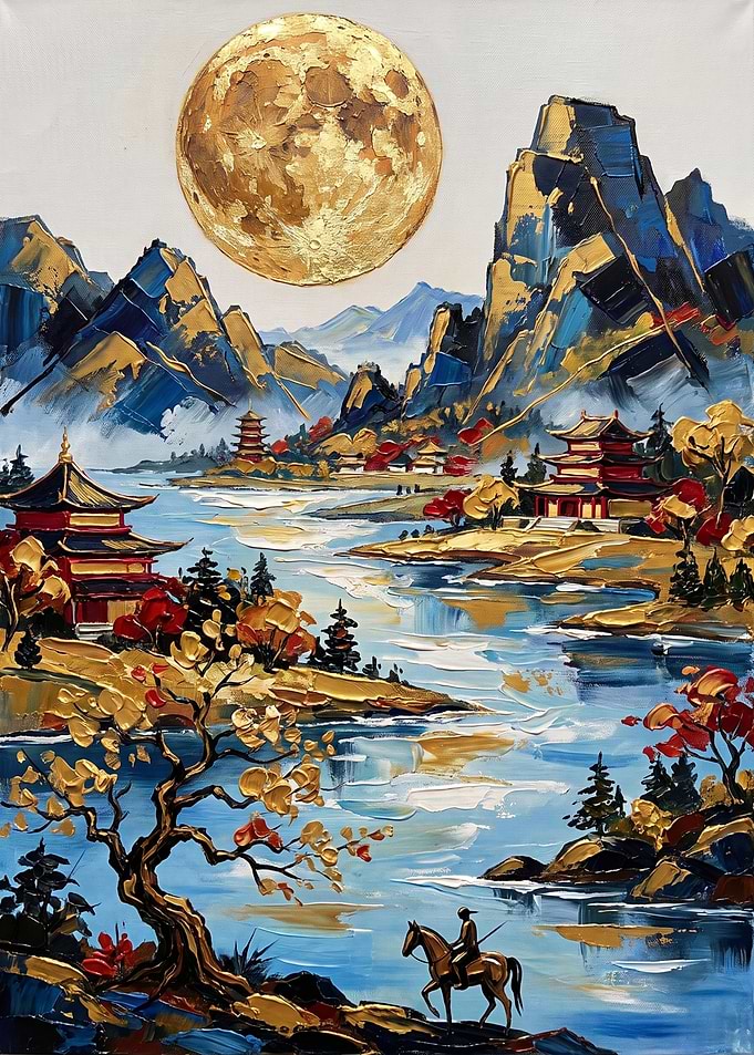 Golden Moon Over Asian Landscape