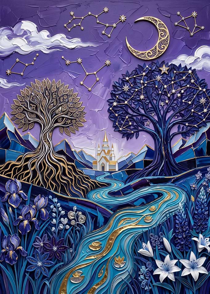 Celestial Fantasy Landscape with Twin Trees