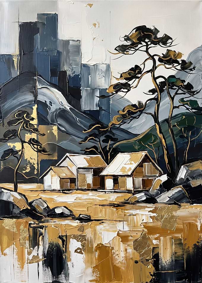 Abstract Japanese Landscape with Gold Accents