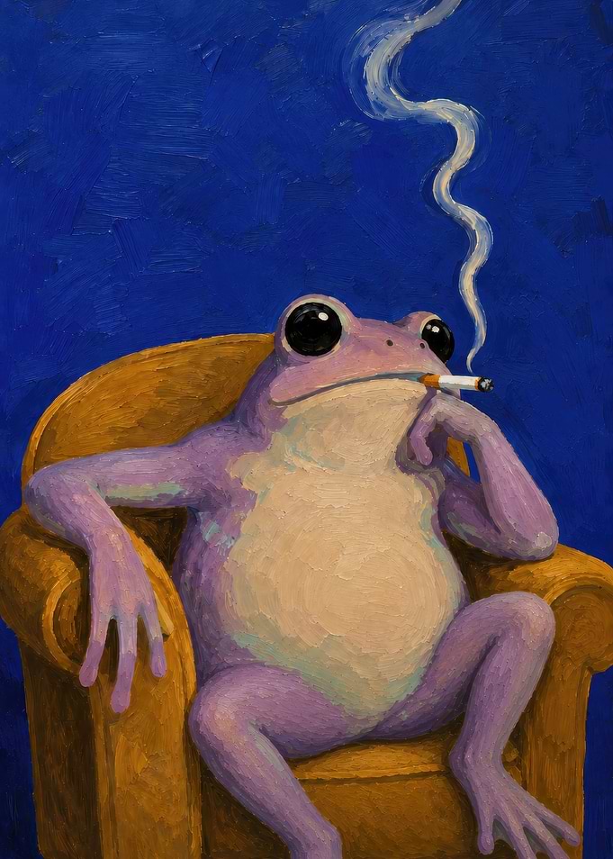 Purple Frog Smoking in Armchair