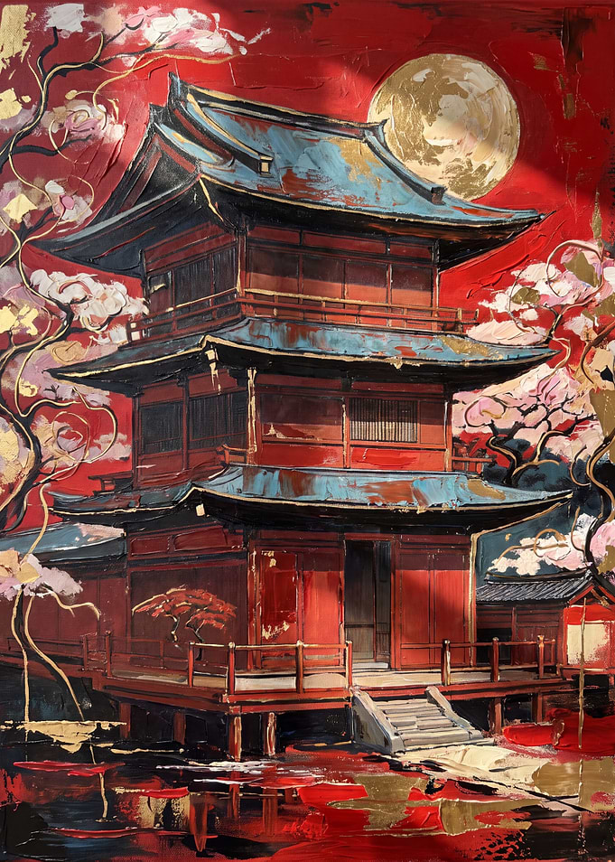 Red Japanese Pagoda Under Golden Moon