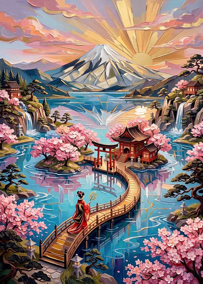 Geisha Walking on Bridge to Temple