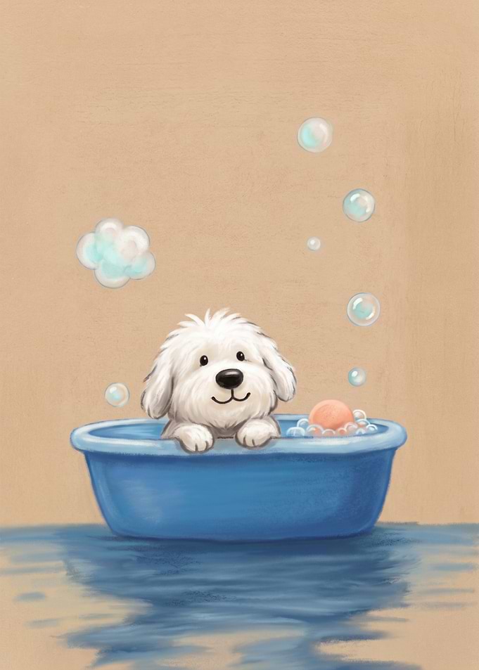 Dog Cute Puppy Taking a Bath cap bathroom art