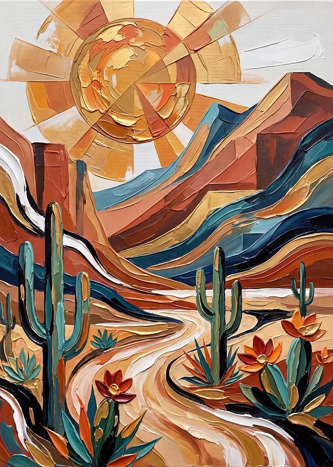 Abstract Desert Landscape with Cactus