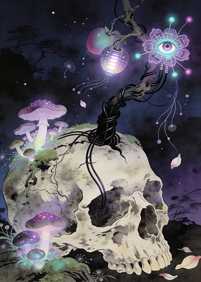 Cybernetic Skull and Bioluminescent Tree