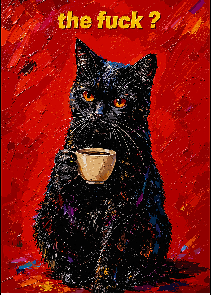 Black Cat Drinking Coffee Funny Art