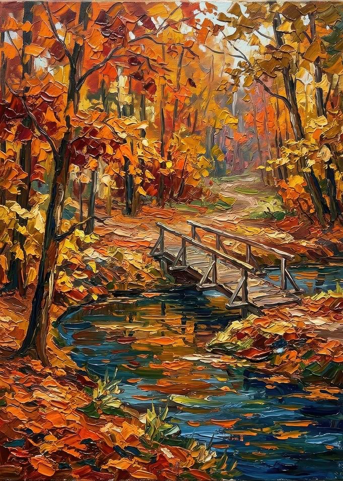 Autumn Forest Landscape with Wooden Bridge