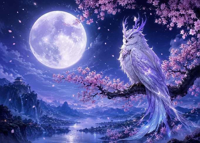 Mystical Owl in Cherry Blossom Moonlight