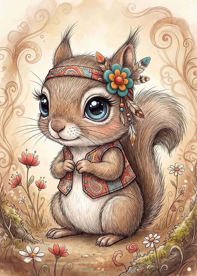 Boho Style Cute Squirrel Illustration