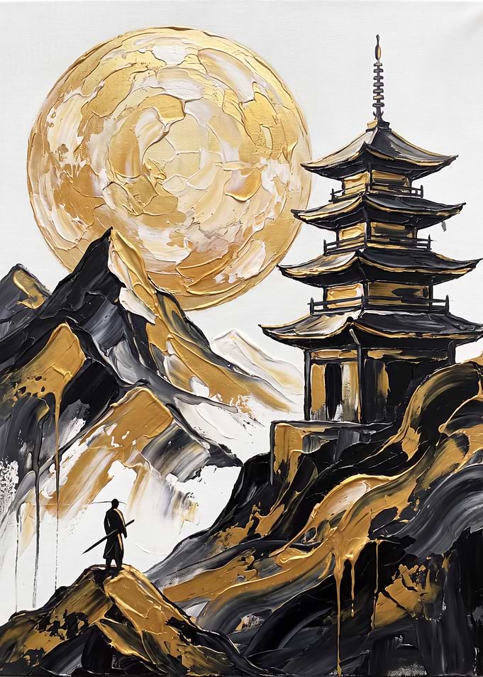 Samurai and Pagoda Gold Moon Painting