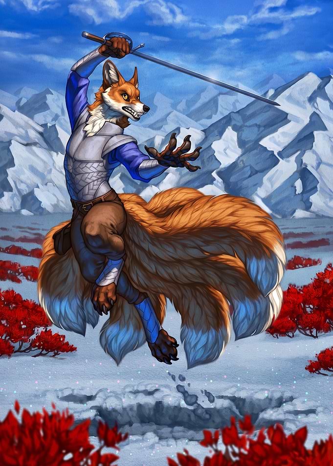 Fox Kitsune Warrior in Snowy Landscape