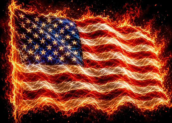 American Flag Engulfed in Flames