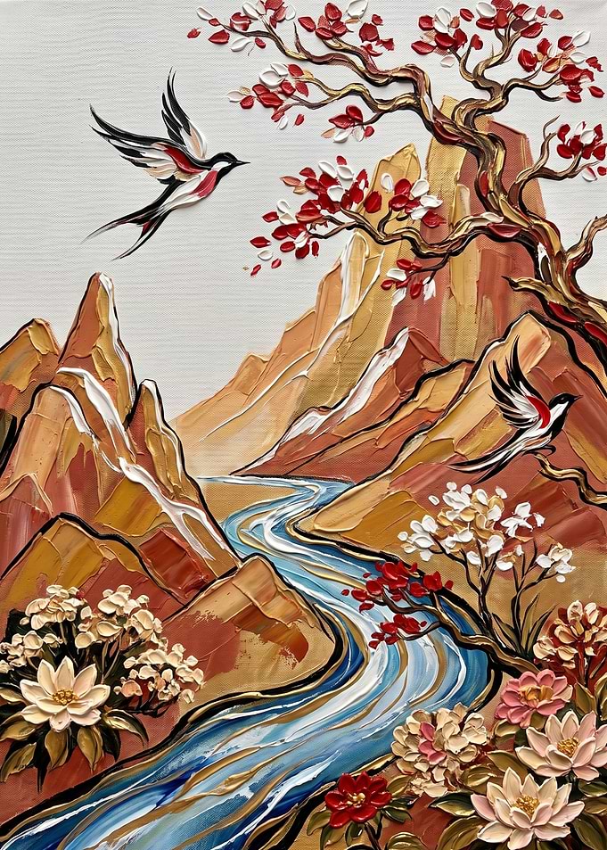 Textured Mountain Landscape with Birds
