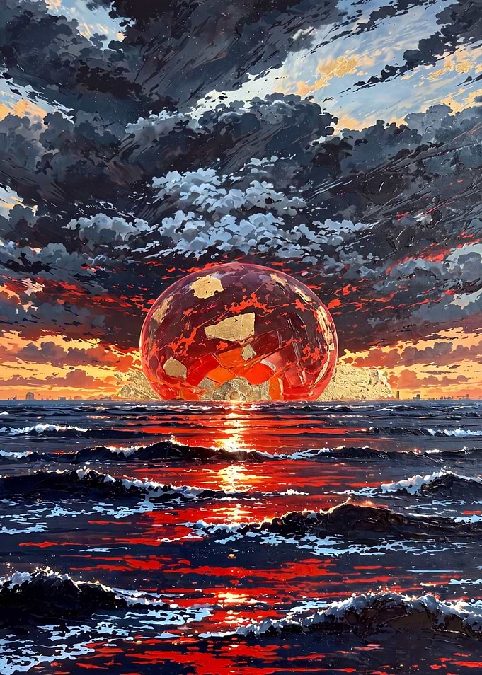 Surreal Red Sphere Over Ocean Sunset
