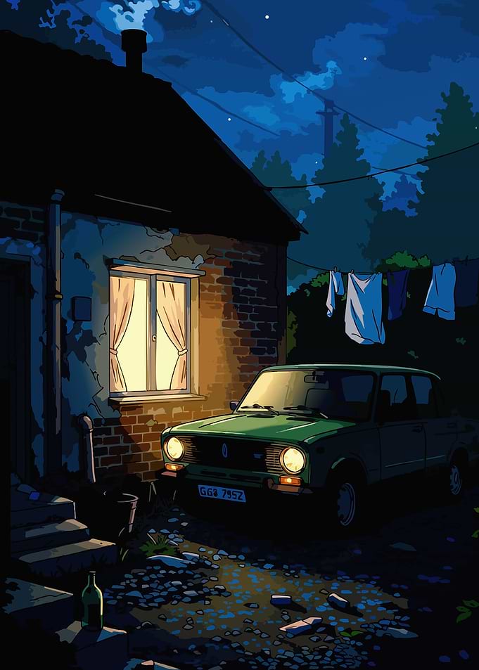 Green Vintage Car at Night