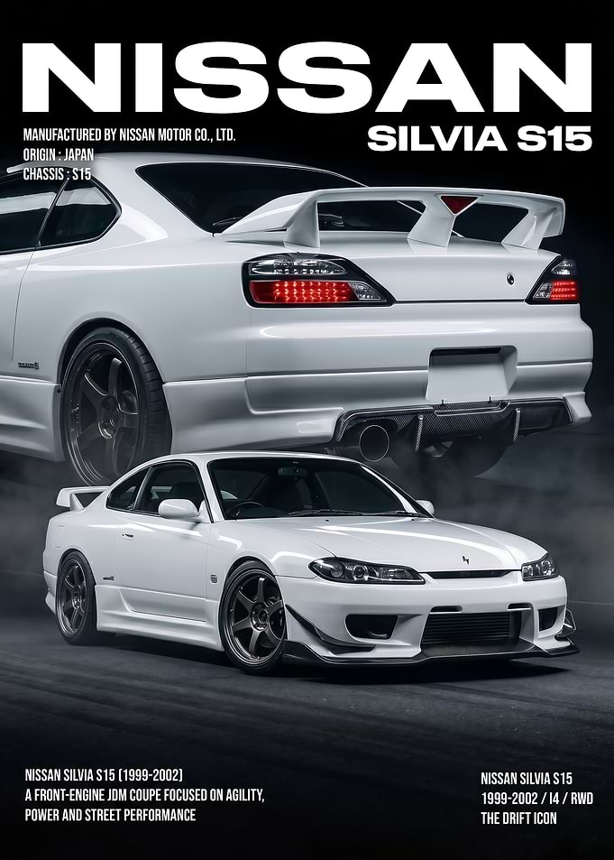 sleek white Nissan Silvia S15 JDM art Poster