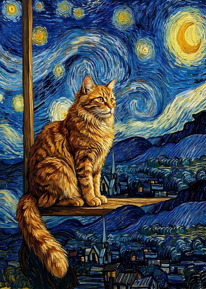 Ginger Cat in Starry Night