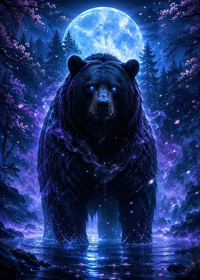 Mystical Glowing Bear Under Full Moon