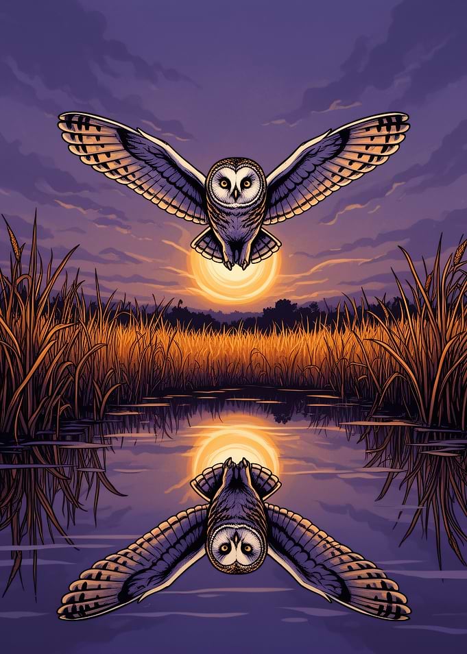 Owl Flying Over Reflective Marsh