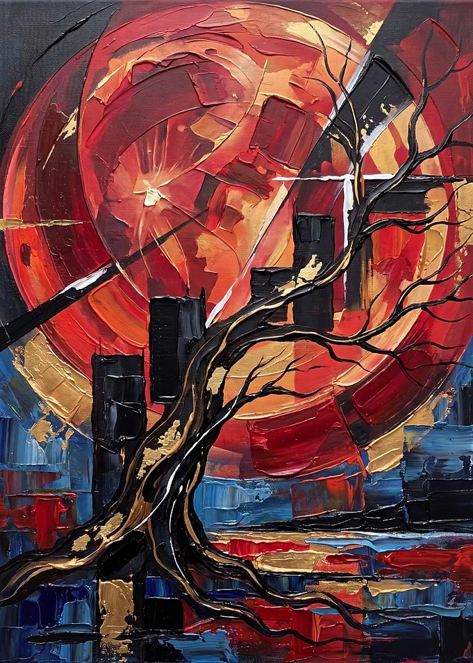 Abstract Tree Against Red Moon