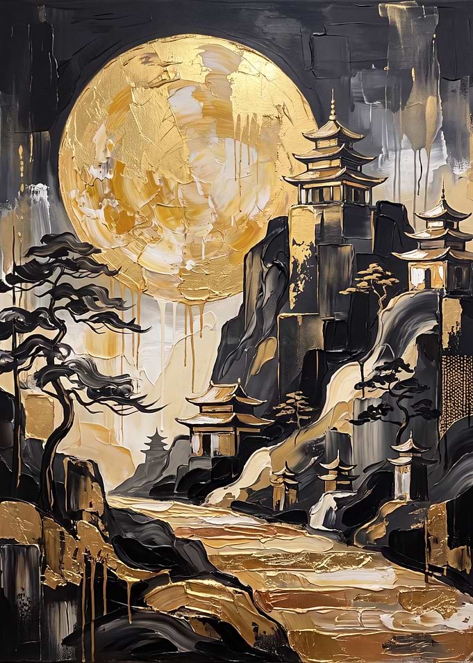 Golden Moon Over Asian Temple Landscape