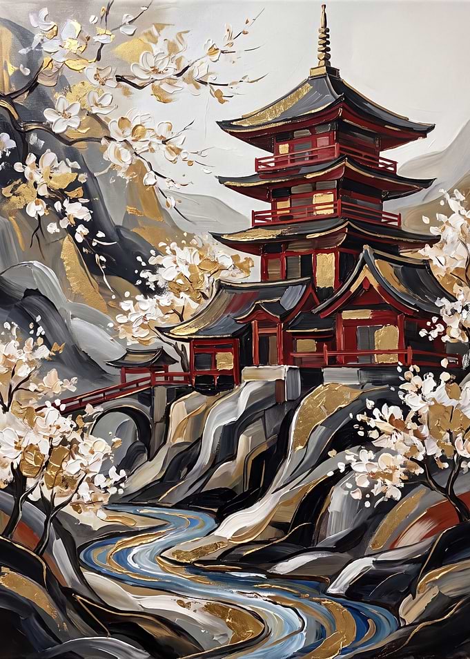 Japanese Pagoda Landscape Oil Painting