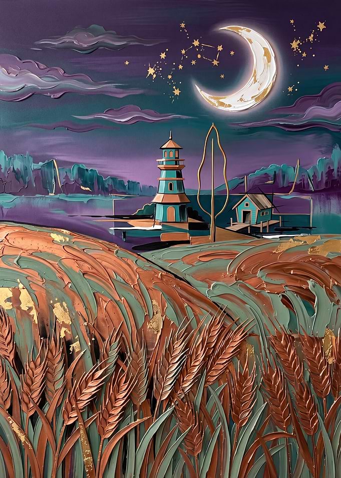 Textured Wheat Field Under Crescent Moon