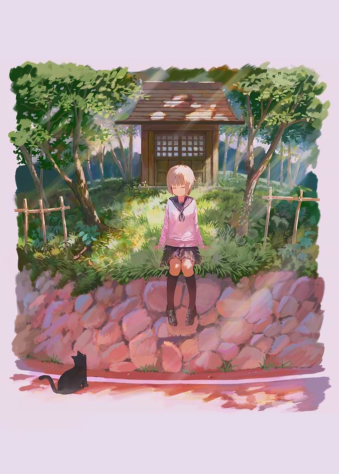 Anime Girl Sitting by Shrine