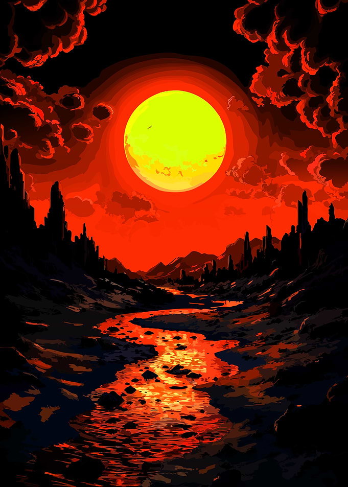 Fiery Sunset Over Dark Mountain Valley