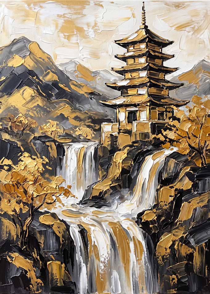 Golden Pagoda and Waterfall Oil Painting