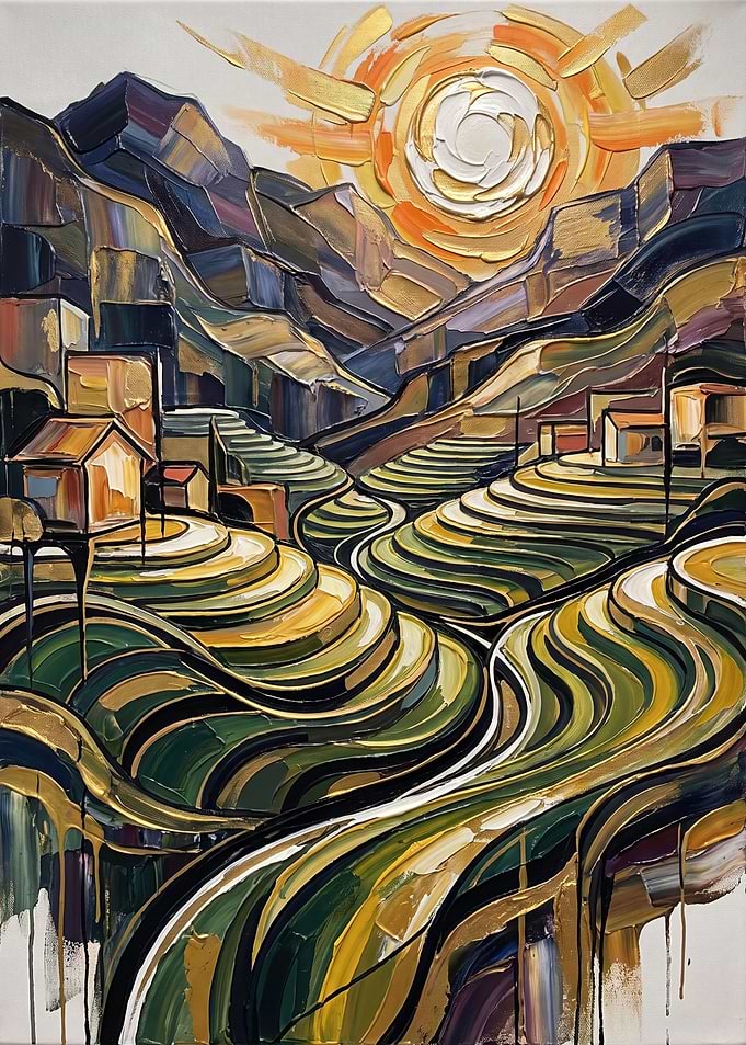 Textured Oil Painting of Rice Terraces