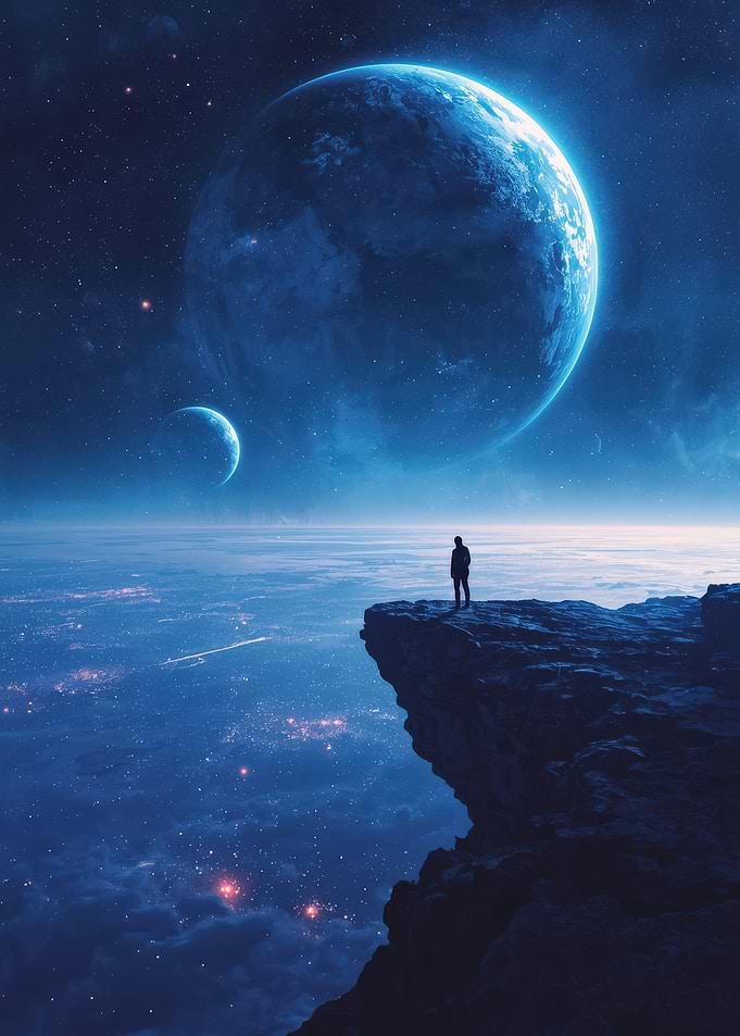 Lone Traveler Overlooking Cosmic Horizon