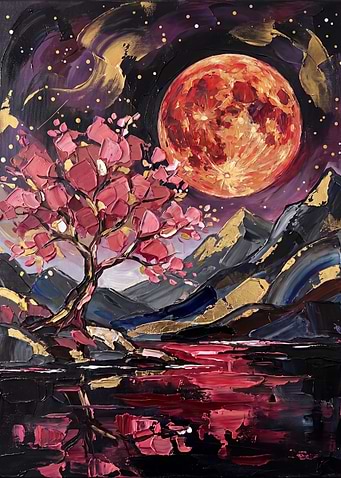 Red Moon Over Cherry Blossom Landscape