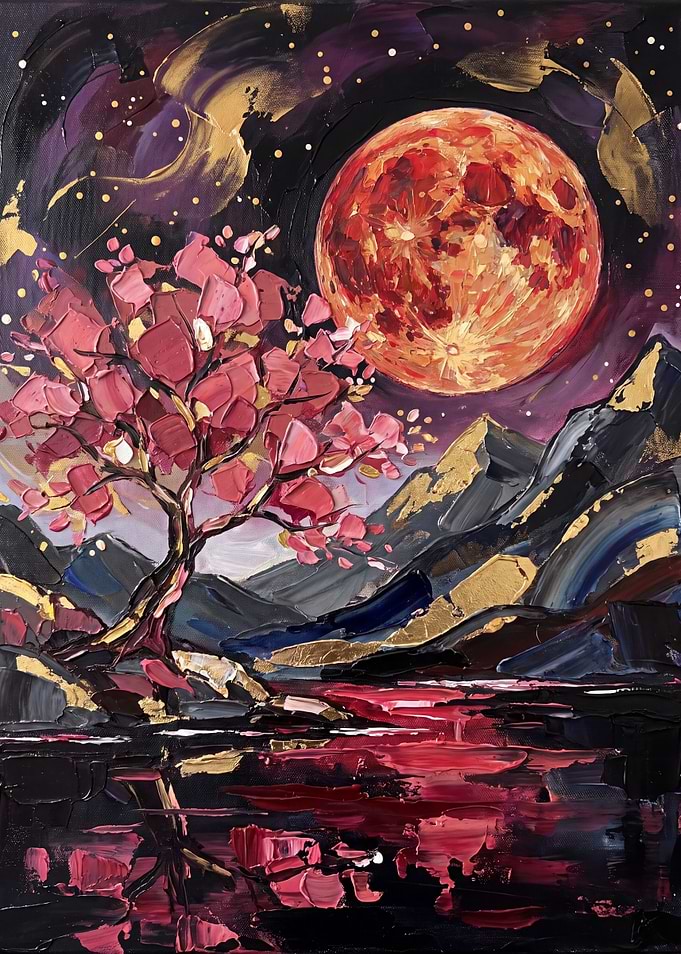 Red Moon Over Cherry Blossom Landscape