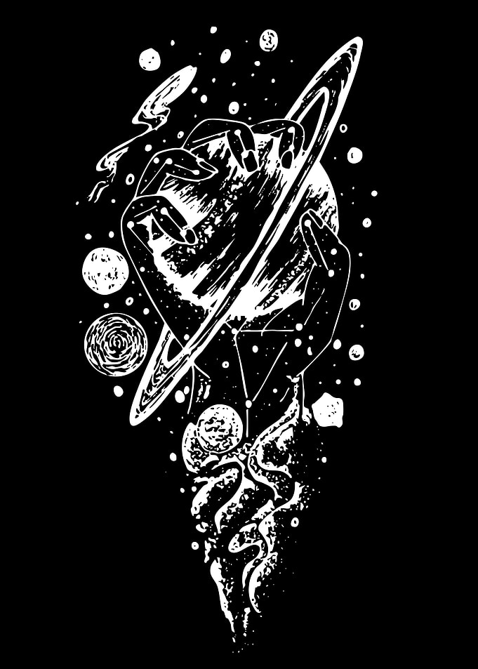 Hand Holding Saturn Space Illustration