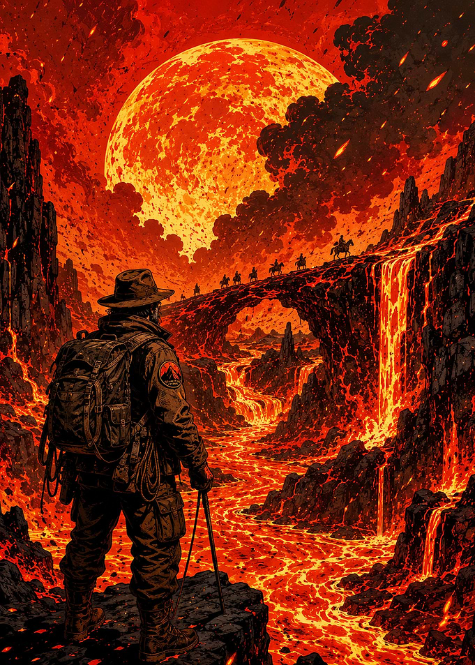 Explorer Facing a Volcanic Hellscape
