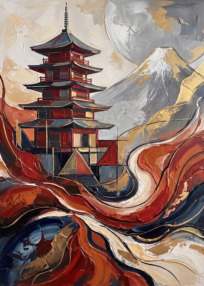 Abstract Japanese Pagoda and Mountain Painting