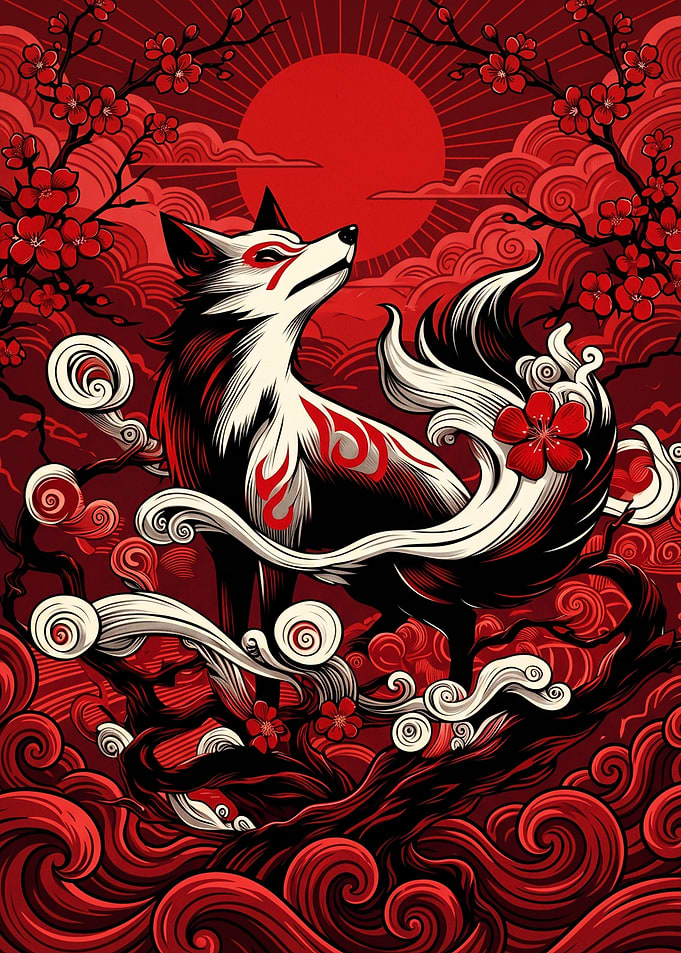 Kitsune Fox Under Red Sun