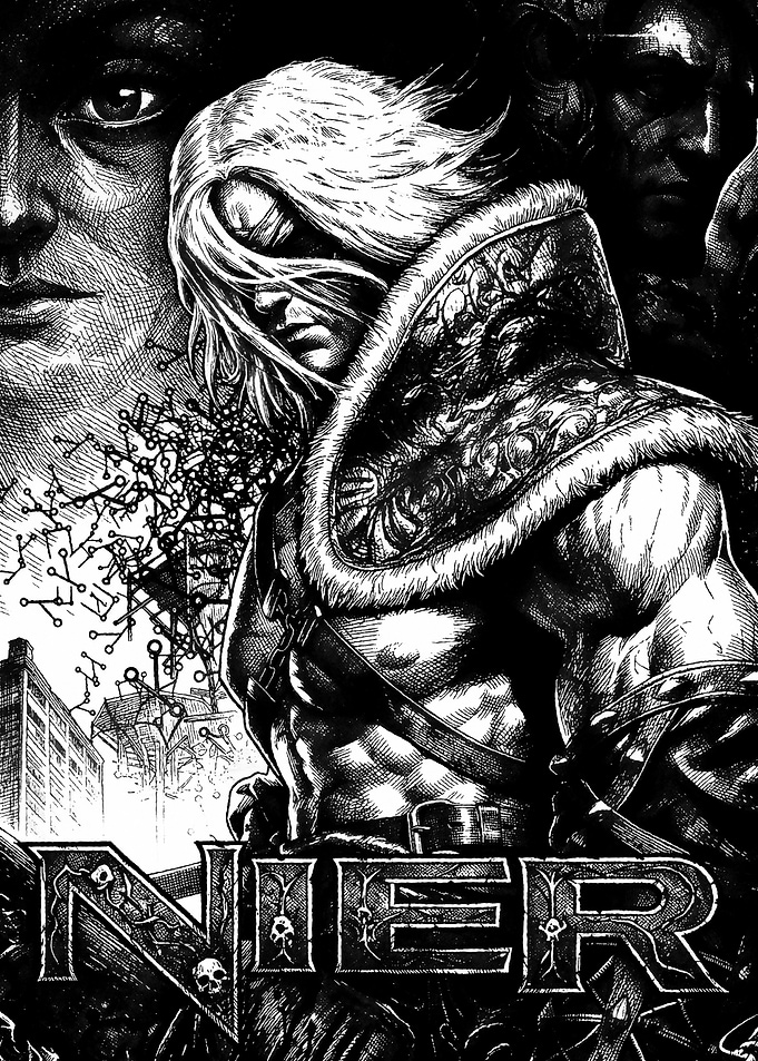 Nier Replicant Black and White Illustration